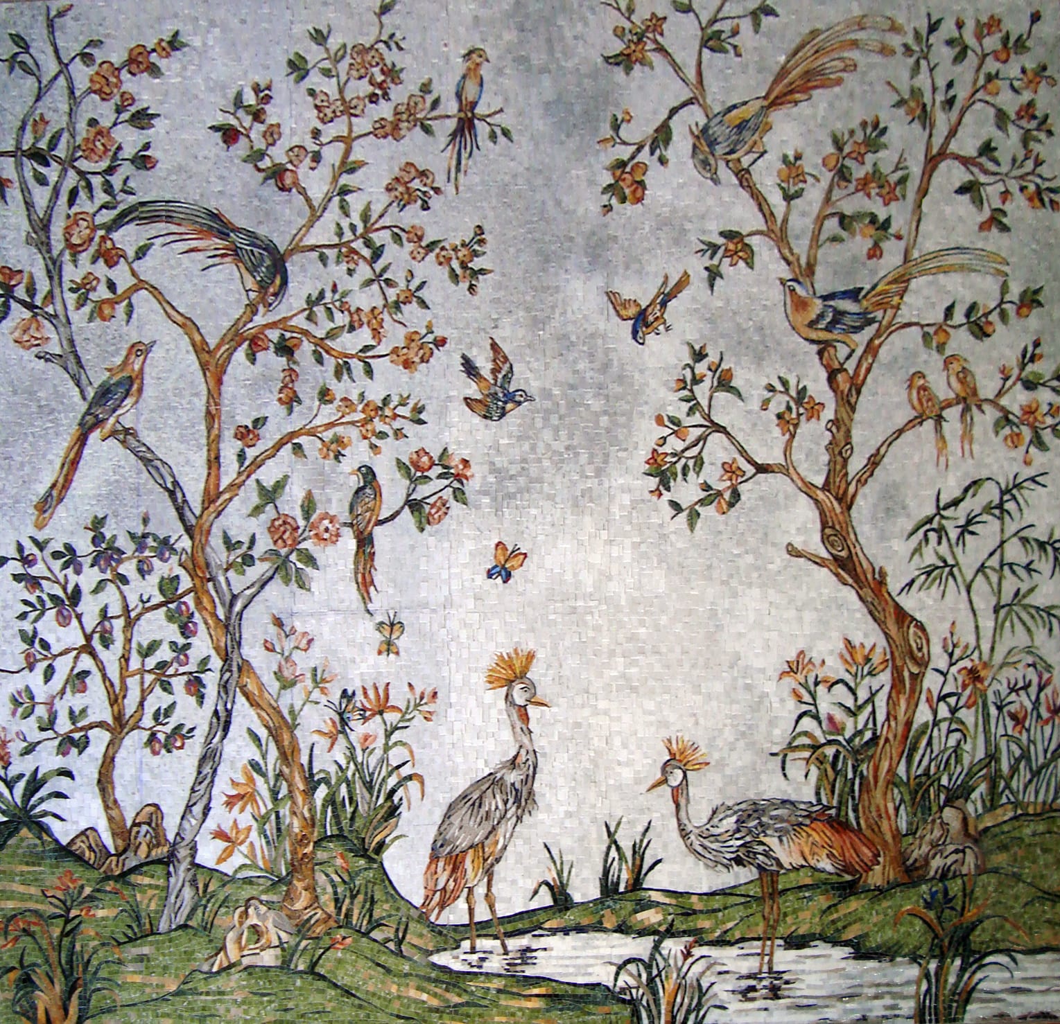 Marmurowe panneau Rajskie ptaki – mozaika do klasycznej łazienki – mozaika artystyczna Colibri Mosaic